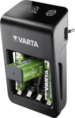 Elemtöltő, AA/AAA/9V, 4xAA 2100 mAh, LCD kijelző, VARTA "Plug"